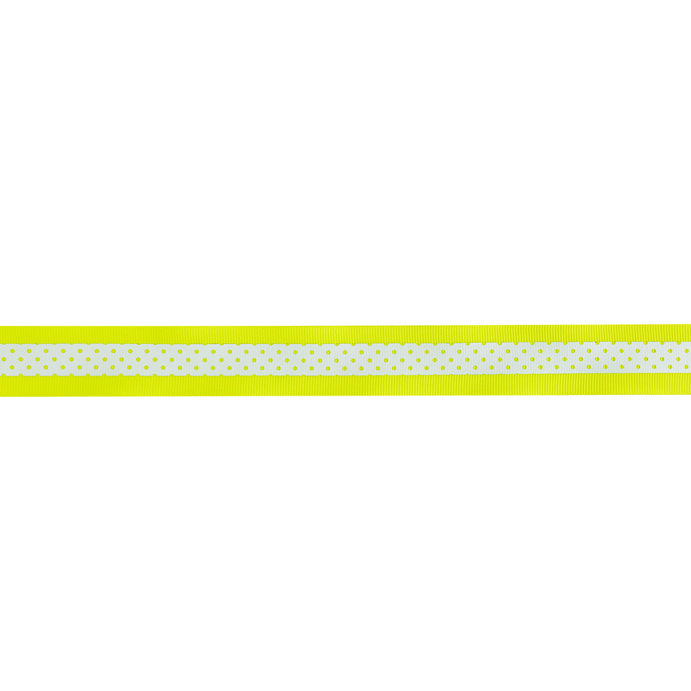 Italian Neon Yellow and White Polka Dot Striped Petersham Grosgrain Ribbon - 1"