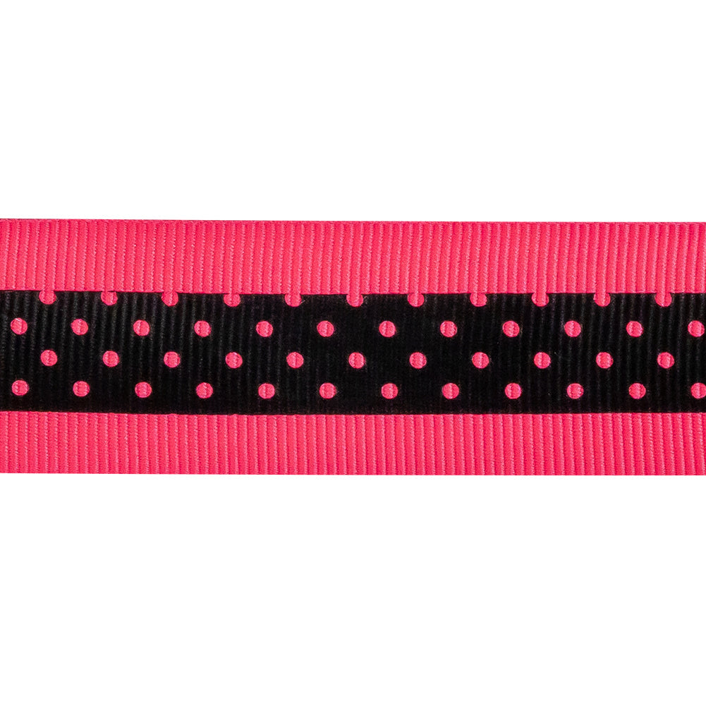 Italian Neon Pink and Black Polka Dot Striped Petersham Grosgrain Ribbon - 1"