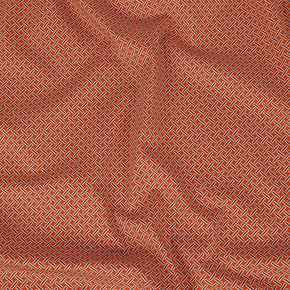 Stretch Cotton and Viscose Sateen Print - Burnt Orange and Blue Geometric Lattice - Mood Exclusive Cylindrically Angled