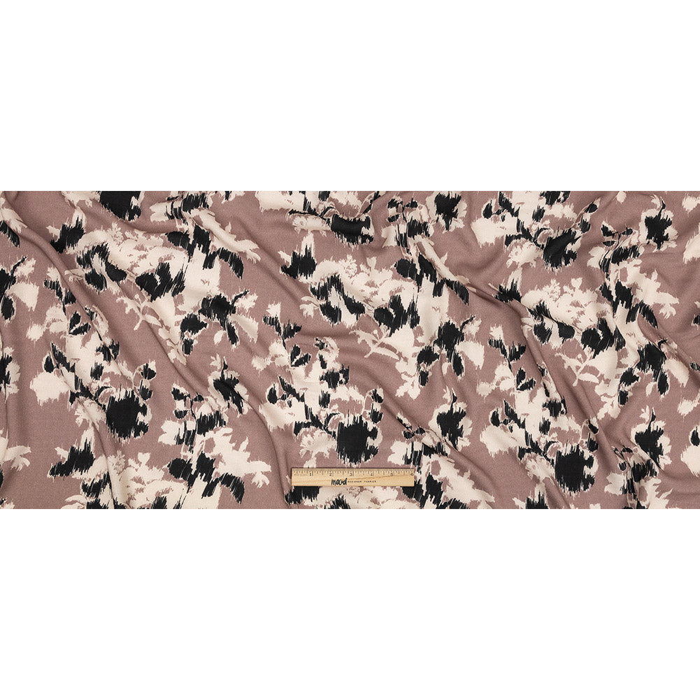 Slubbed Viscose Woven Print - Mauve, Black and Cream Ikat Floral - Mood Exclusive Layers of Luxury