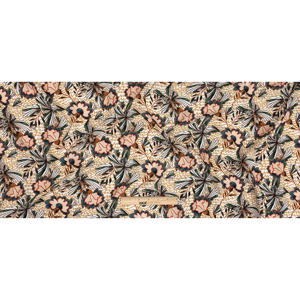 Slubbed Viscose Woven Print - Mustard and Terracotta Floral and Zig Zag - Mood Exclusive Retro Blossoms