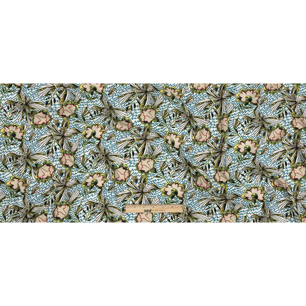 Slubbed Viscose Woven Print - Turquoise and Green Floral and Zig Zag - Mood Exclusive Retro Blossoms