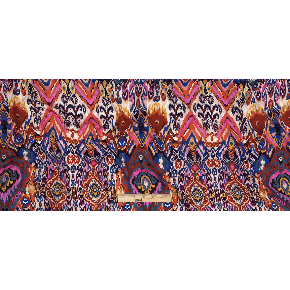 Slubbed Viscose Woven Print - Pink, Purple and Blue Ornate Ikat - Mood Exclusive Wavy Pigmentation
