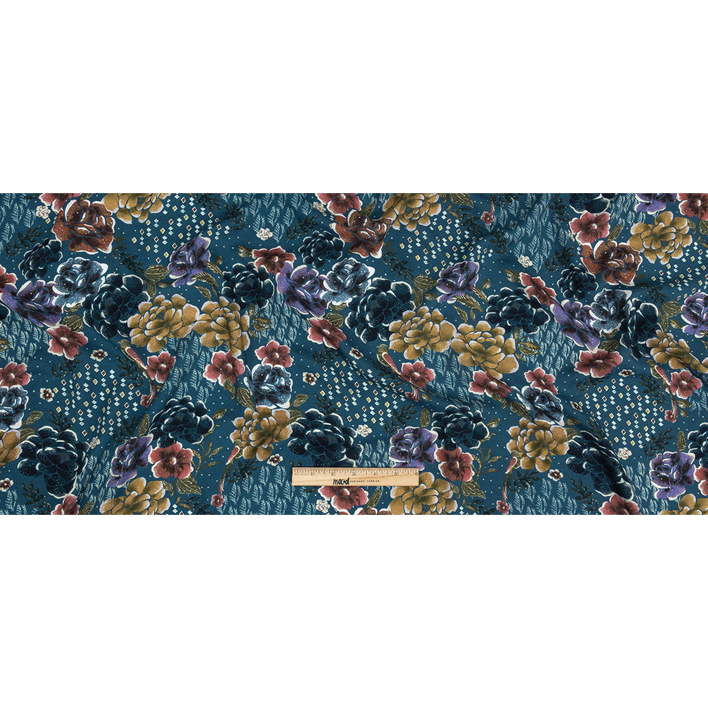 Slubbed Viscose Woven Print - Bright Navy Diamonds and Floral - Mood Exclusive Melange de Fleurs