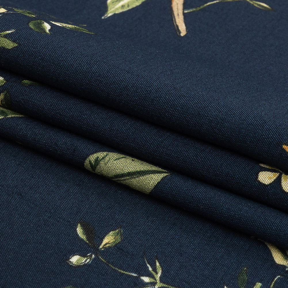 Sustainable Viscose Woven Print - Navy and Green Birds in Branches - Mood Exclusive Avian Adoration