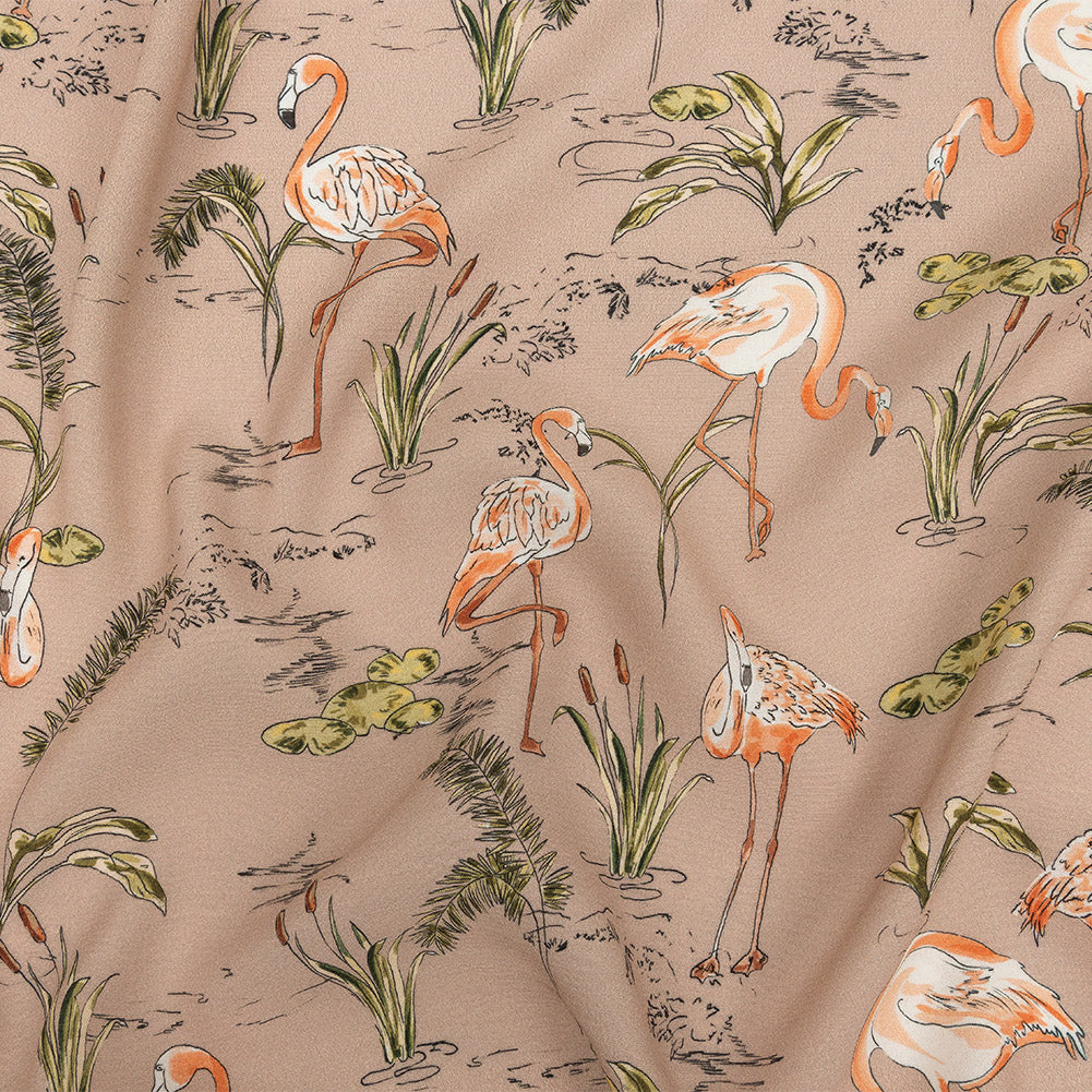 Sustainable Viscose Woven Print - Taupe, Pink and Green Flamingoes and Plants - Mood Exclusive Flamingo Festivities
