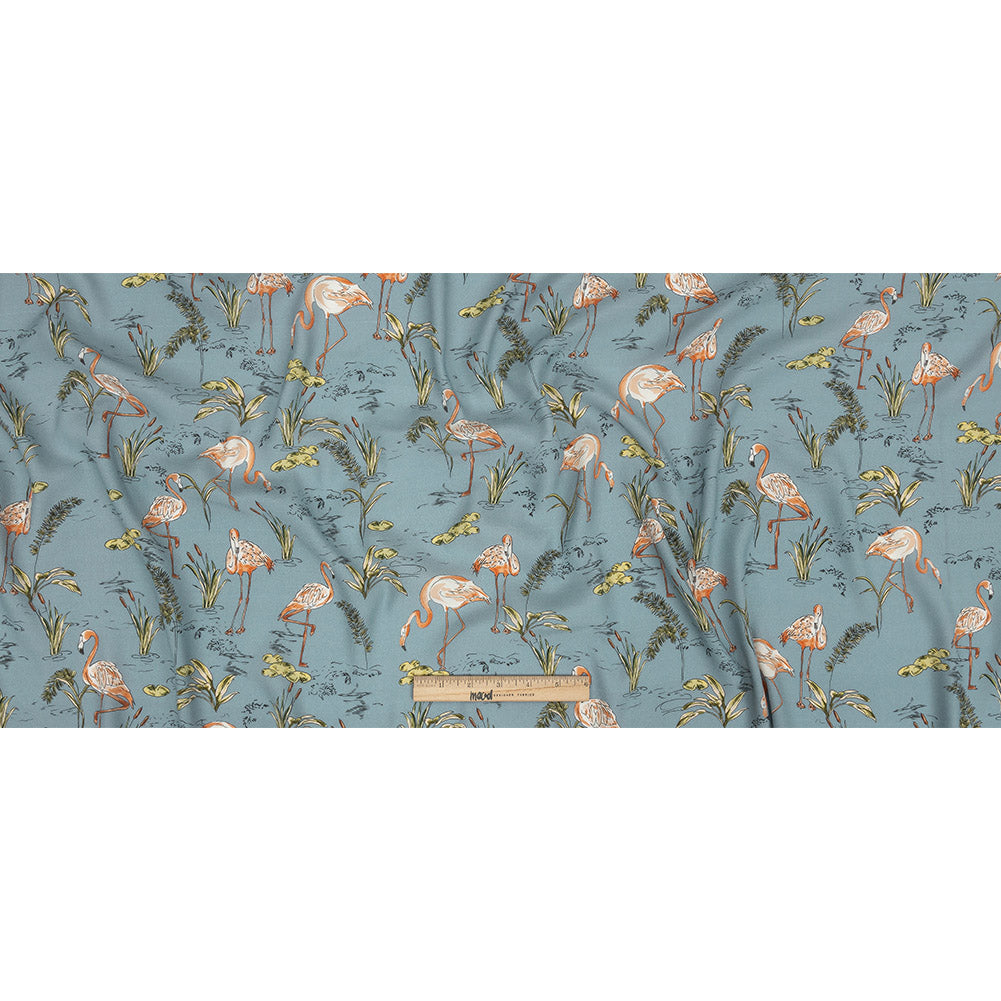 Sustainable Viscose Woven Print - Steel Blue, Pink and Green Flamingoes and Plants - Mood Exclusive Flamingo Festivities
