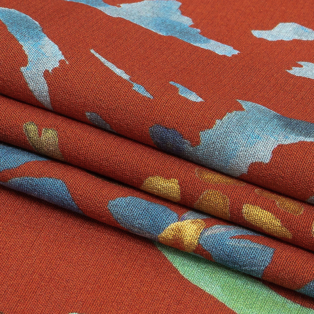 Sustainable Viscose Woven Print - Red-Orange and Green Painterly Palm Trees - Mood Exclusive Sundrenched Splash
