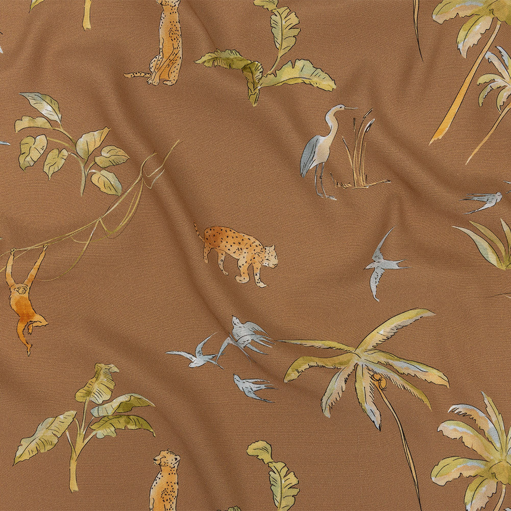 Sustainable Viscose Woven Print - Beige Animals and Palm Trees - Mood Exclusive Savanna Spectacle