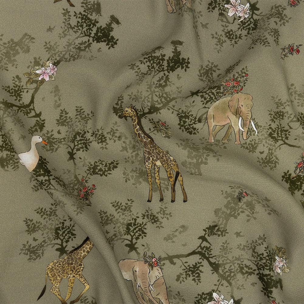 Sustainable Viscose Woven Print - Pale Green Savanna Animals and Trees - Mood Exclusive Serene Safari