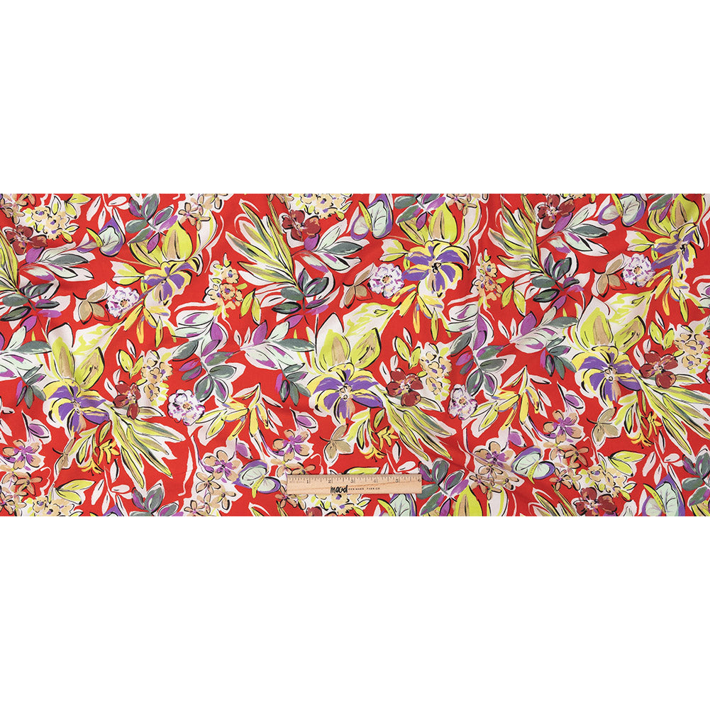 Sustainable Viscose Woven Print - Scarlet, Purple and Yellow Floral - Mood Exclusive Greenhouse Gala
