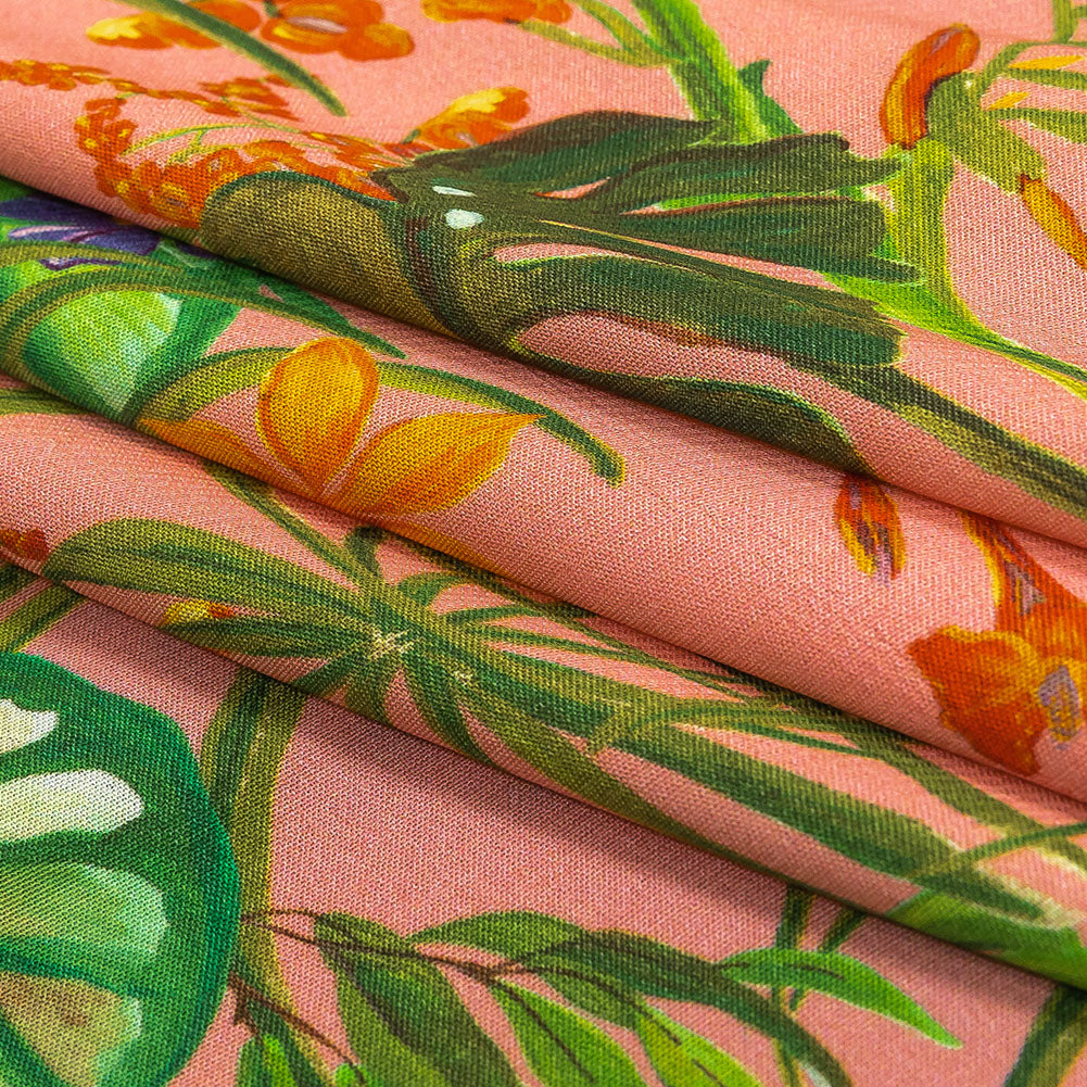 Sustainable Viscose Woven Print - Pink and Green Leaves and Flowers - Mood Exclusive Lily Pad Paradise