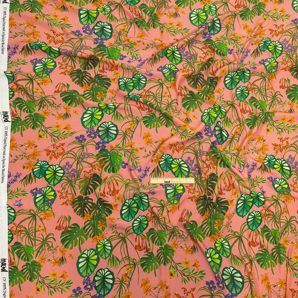 Sustainable Viscose Woven Print - Pink and Green Leaves and Flowers - Mood Exclusive Lily Pad Paradise
