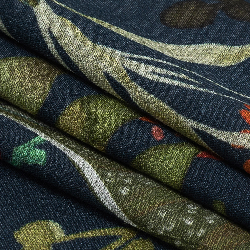 Sustainable Viscose Woven Print - Navy, Green and Red Troplical Leaves and Flowers - Mood Exclusive Subtropic Vegetation