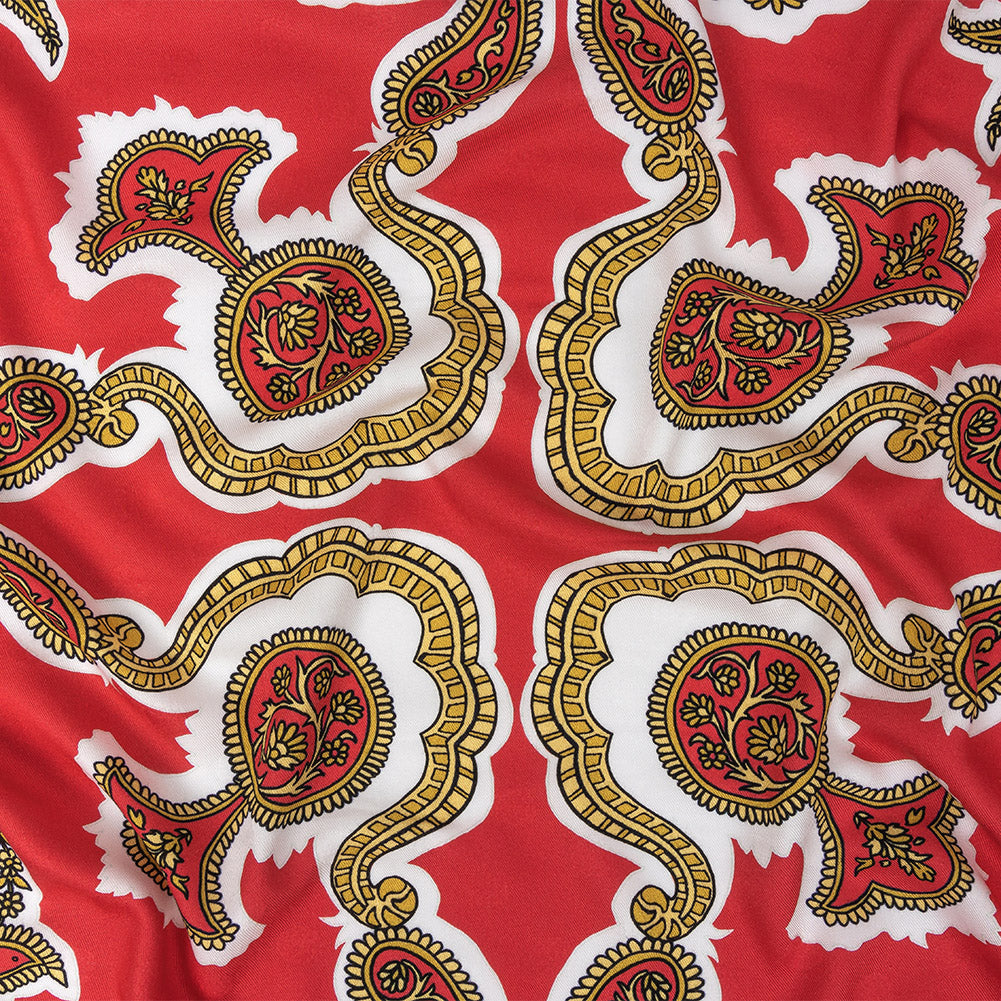 Polka Dotted Viscose Jacquard Print - Hot Coral and Gold Fancy Paisley - Mood Exclusive Elaborate Eminence