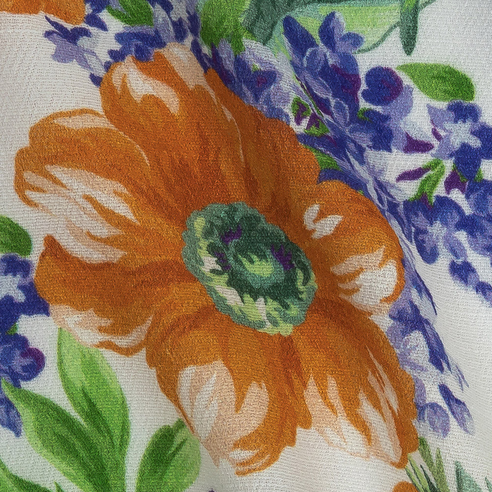 Gauzy Viscose Crepe Print - White, Blue and Orange Floral - Mood Exclusive Flowers by Vincent