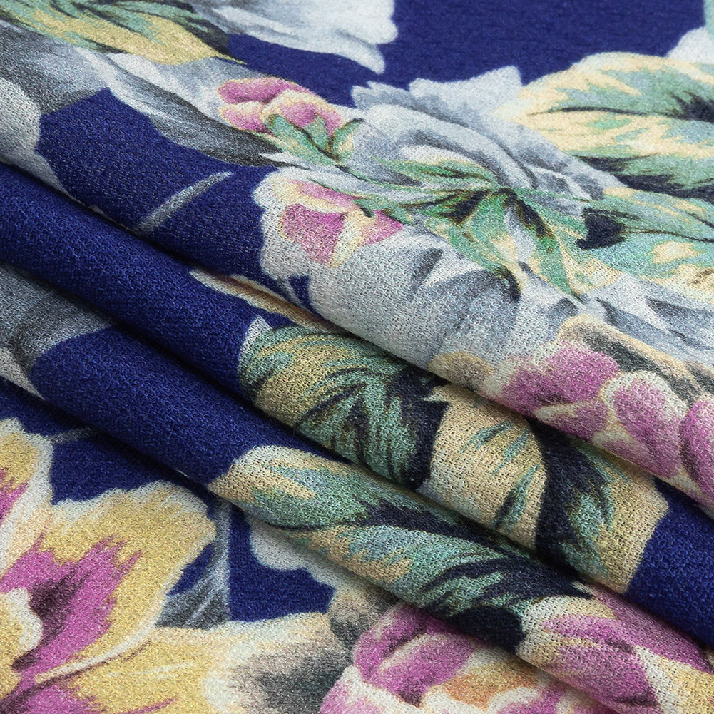 Gauzy Viscose Crepe Print - Royal Blue, Pink and Yellow Floral - Mood Exclusive Antique Rose Petals