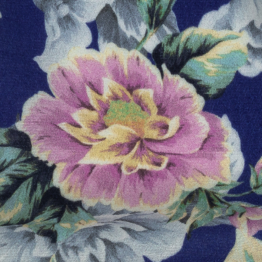 Gauzy Viscose Crepe Print - Royal Blue, Pink and Yellow Floral - Mood Exclusive Antique Rose Petals