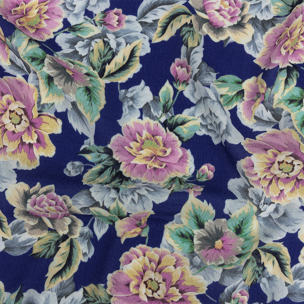 Gauzy Viscose Crepe Print - Royal Blue, Pink and Yellow Floral - Mood Exclusive Antique Rose Petals