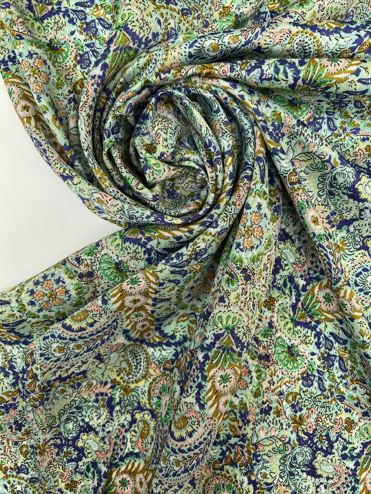 Polyester Sateen Paisley Print Purple Green