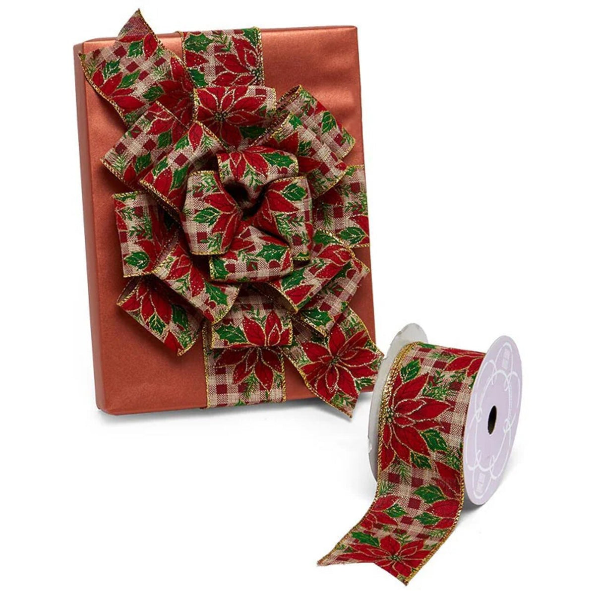 Poinsettia on Red Gingham Wired Ribbon 2.5" x 10 Yards