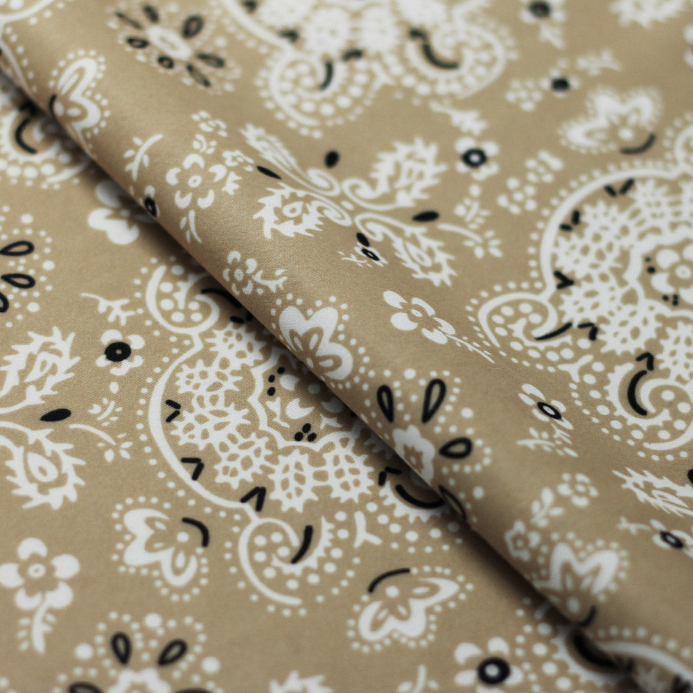 Bandana Poly Spandex Fabric - Beige/Red Paisley, 58/60" Width (1 Yard)