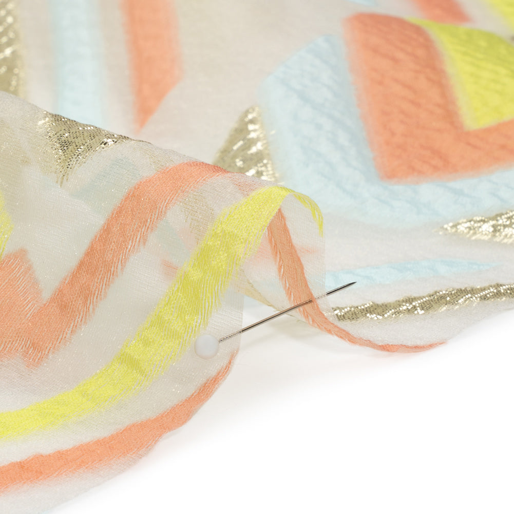 Metallic Gold, Coral and Lime Chevrons and Arrows Luxury Burnout Brocade