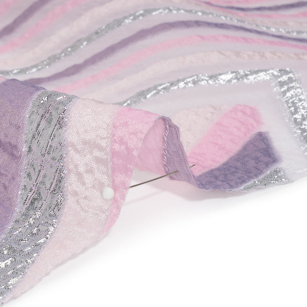 Metallic Silver, Pink and Mauve Chevrons and Arrows Luxury Burnout Brocade