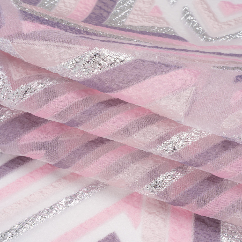 Metallic Silver, Pink and Mauve Chevrons and Arrows Luxury Burnout Brocade