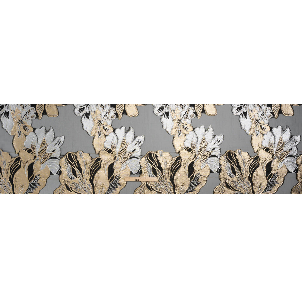 Metallic Gold, Silver and Black Fantastic Flowers Luxury Burnout Brocade