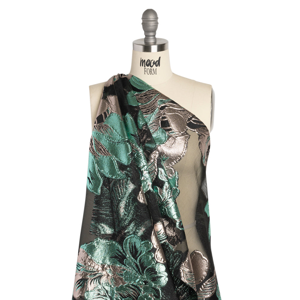 Metallic Rose Gold, Aqua and Black Fantastic Flowers Luxury Burnout Brocade