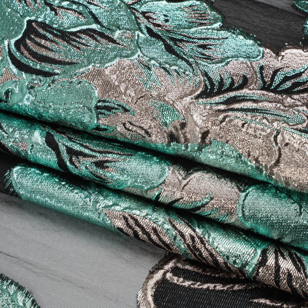 Metallic Rose Gold, Aqua and Black Fantastic Flowers Luxury Burnout Brocade