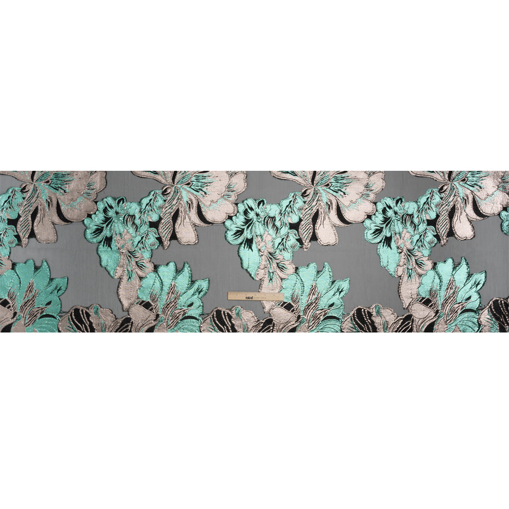 Metallic Rose Gold, Aqua and Black Fantastic Flowers Luxury Burnout Brocade