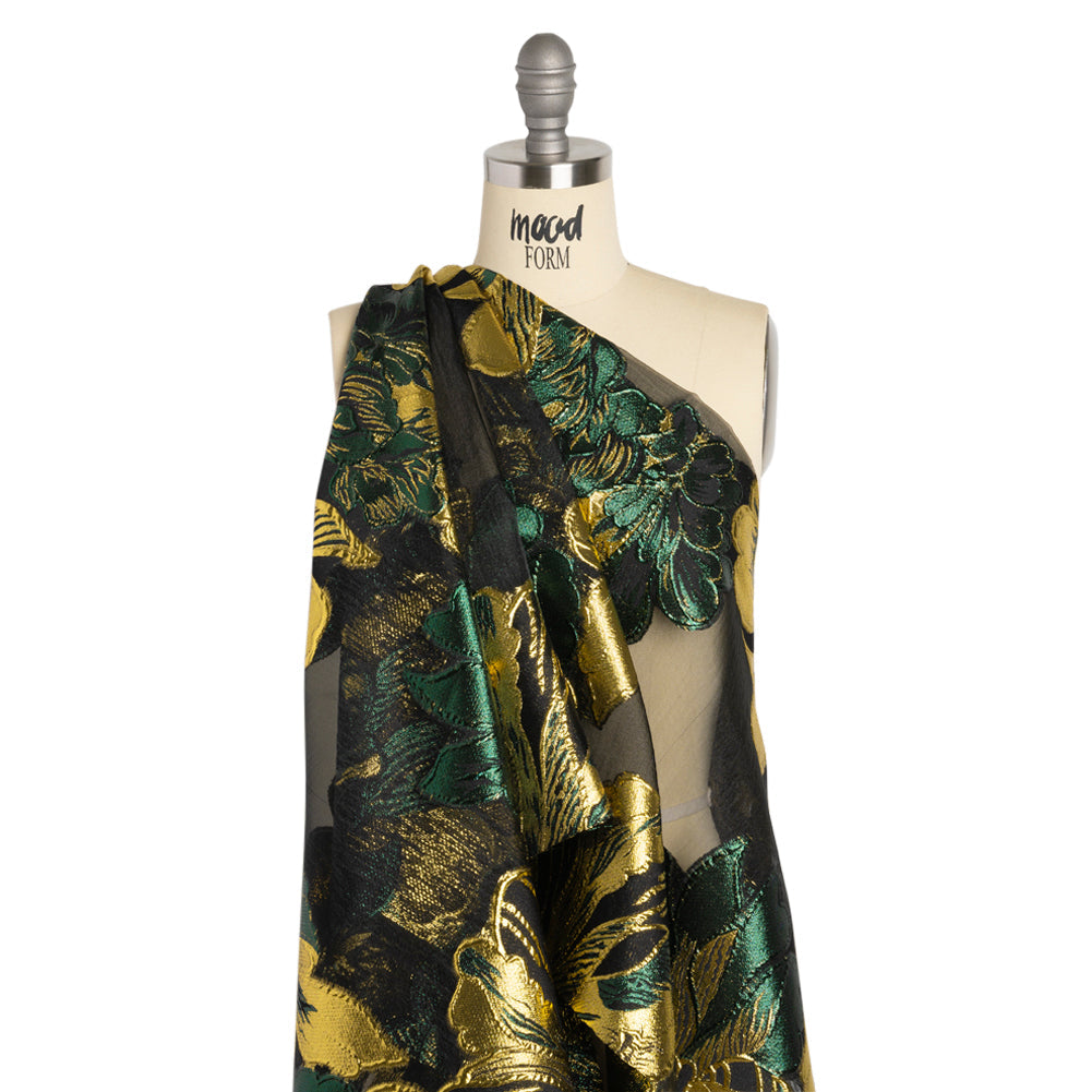 Metallic Forest, Gold and Black Fantastic Flowers Luxury Burnout Brocade