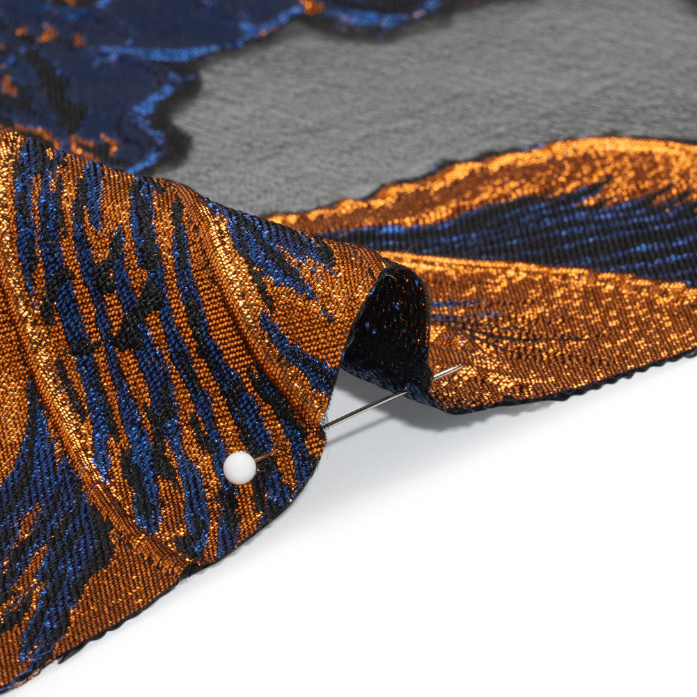 Metallic Royal Blue, Orange and Black Fantastic Flowers Luxury Burnout Brocade