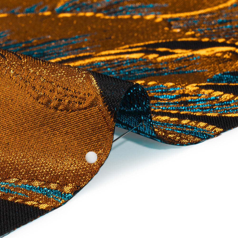 Metallic Teal, Orange and Black Fantastic Flowers Luxury Burnout Brocade