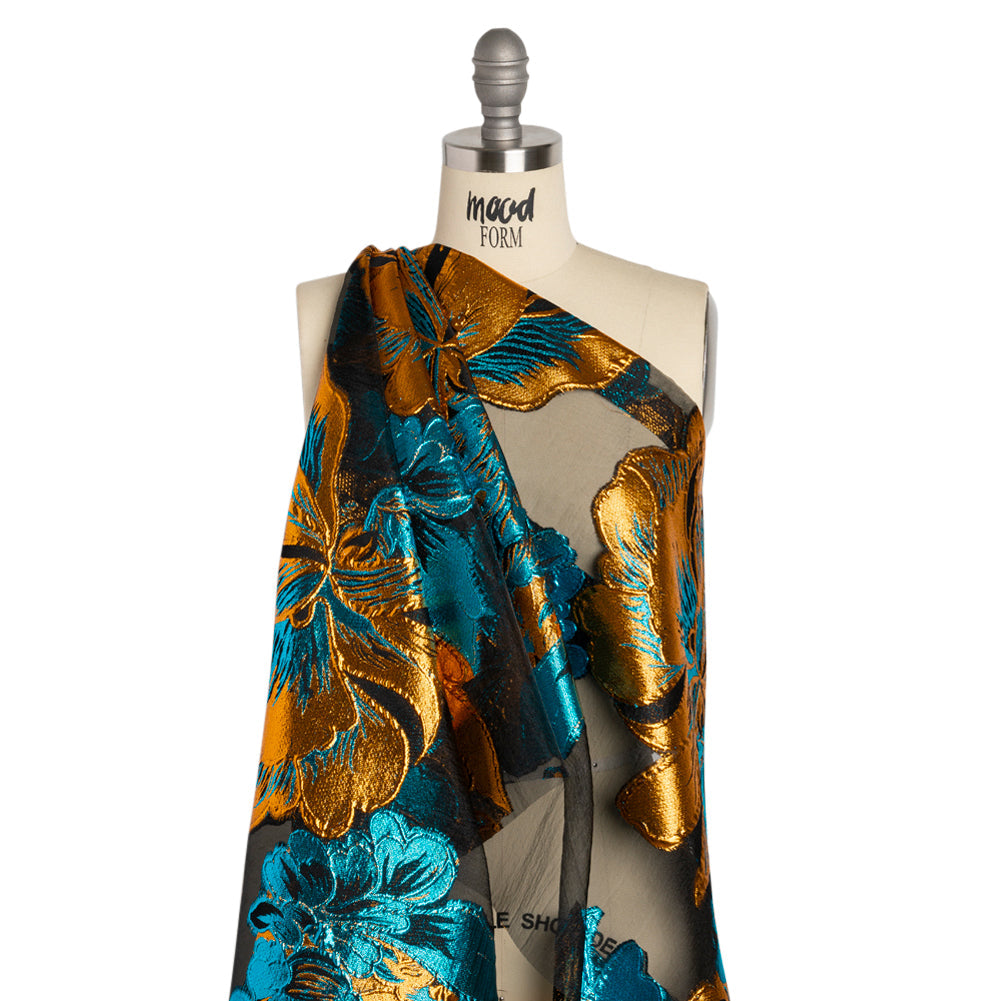 Metallic Teal, Orange and Black Fantastic Flowers Luxury Burnout Brocade