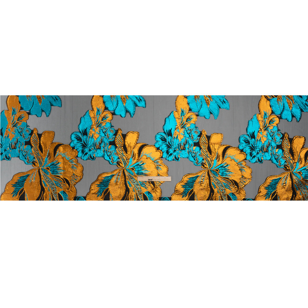 Metallic Teal, Orange and Black Fantastic Flowers Luxury Burnout Brocade