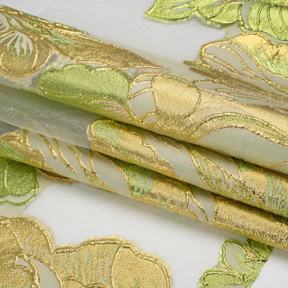 Metallic Lime, Gold and White Fantastic Flowers Luxury Burnout Brocade