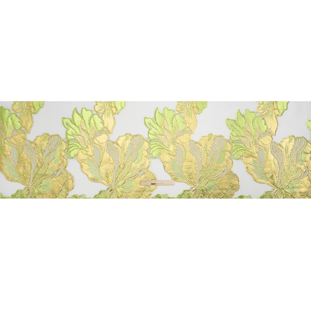 Metallic Lime, Gold and White Fantastic Flowers Luxury Burnout Brocade