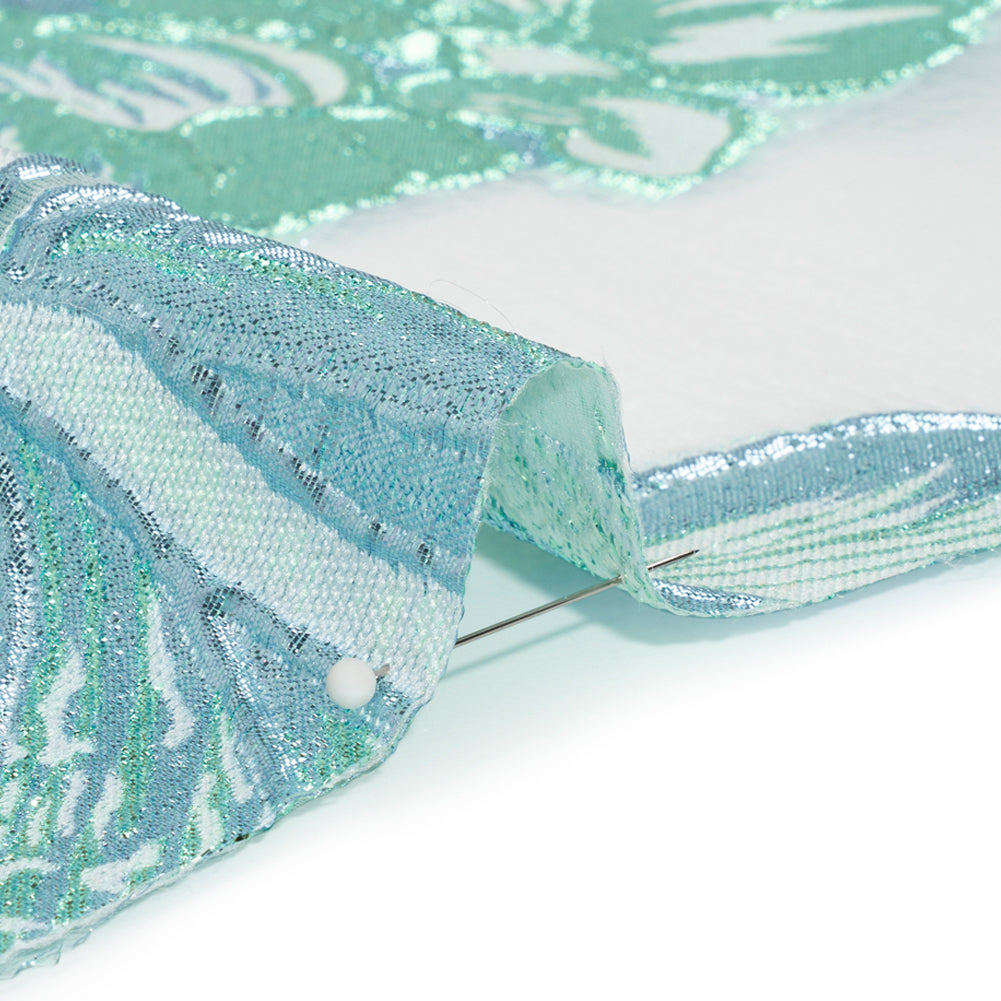 Metallic Aqua, Sky Blue and Off White Fantastic Flowers Luxury Burnout Brocade