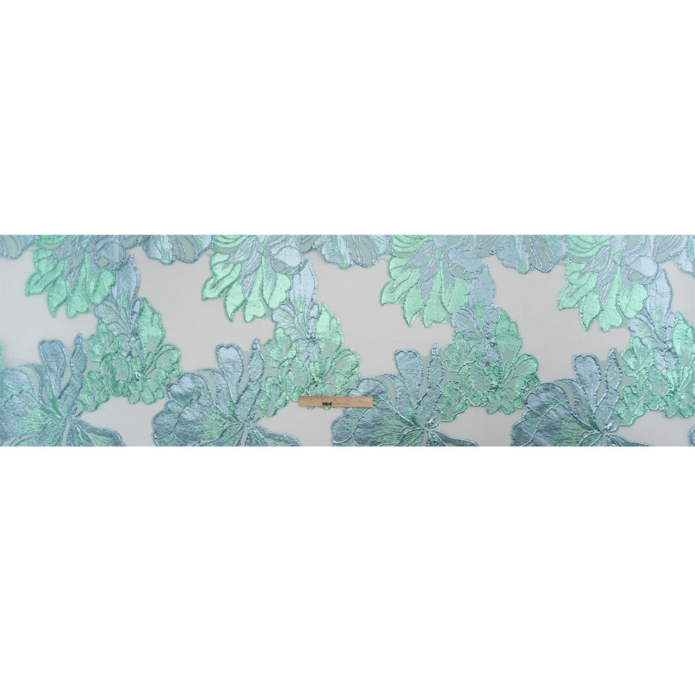 Metallic Aqua, Sky Blue and Off White Fantastic Flowers Luxury Burnout Brocade