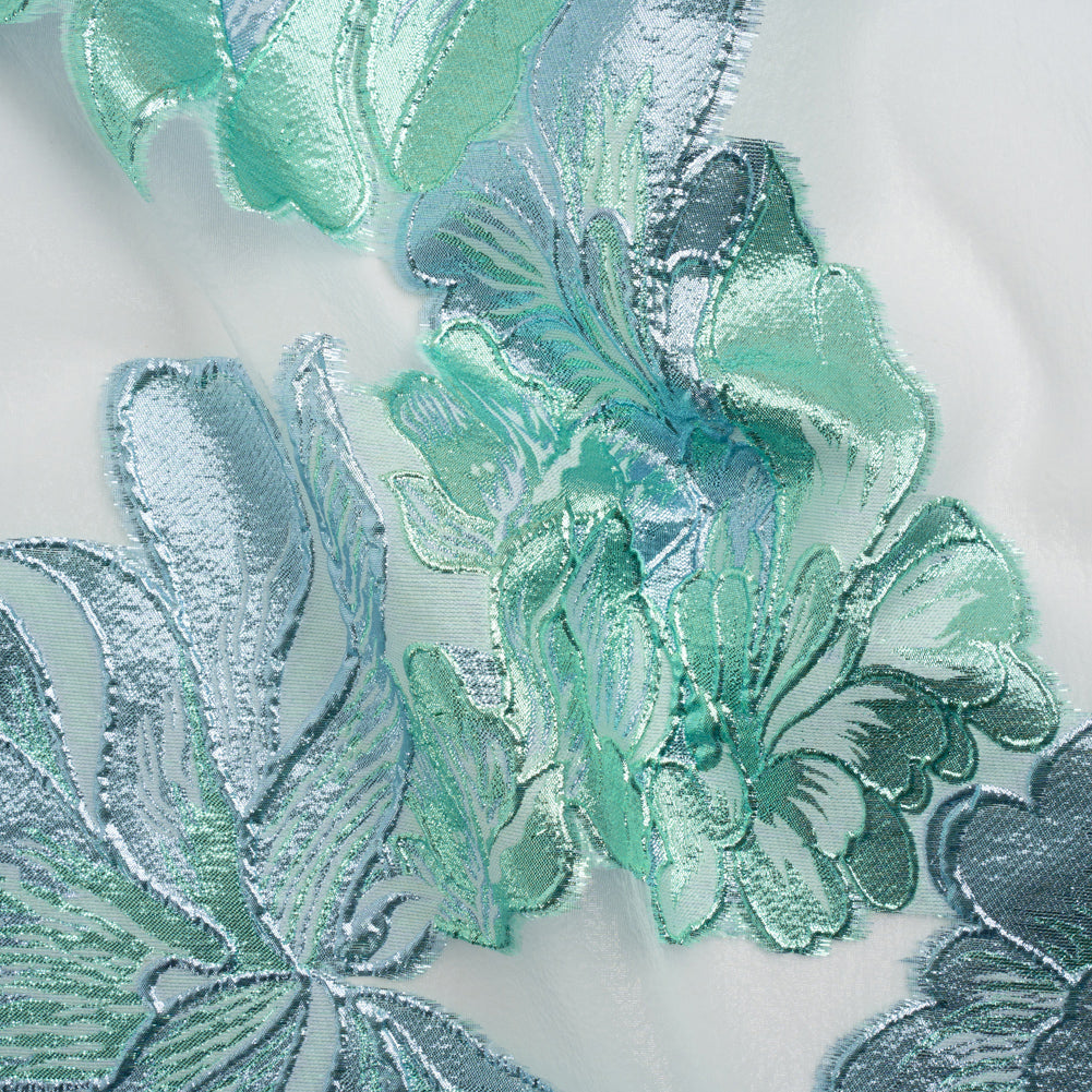 Metallic Aqua, Sky Blue and Off White Fantastic Flowers Luxury Burnout Brocade