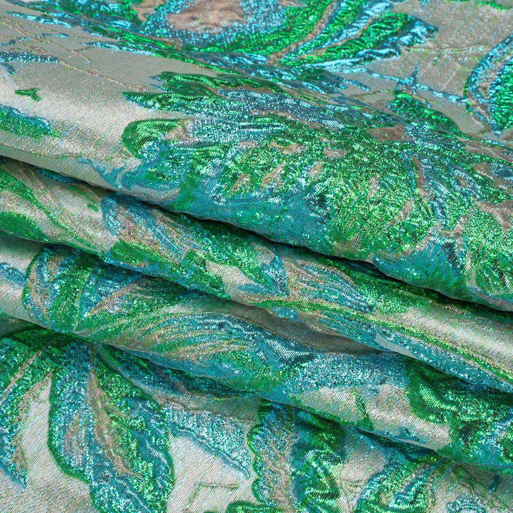Metallic Green, Blue and Pale Gold Radiant Roses Luxury Brocade