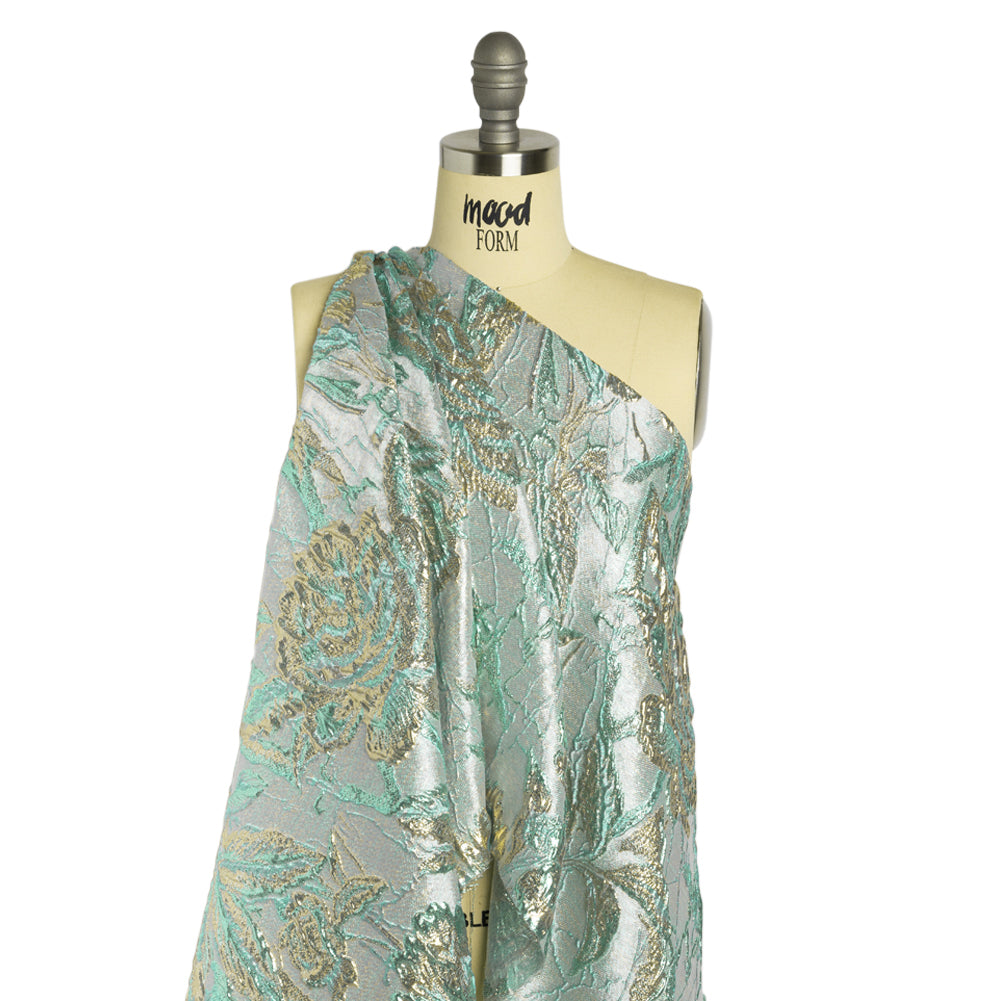 Metallic Light Blue, Gold and Aqua Radiant Roses Luxury Brocade