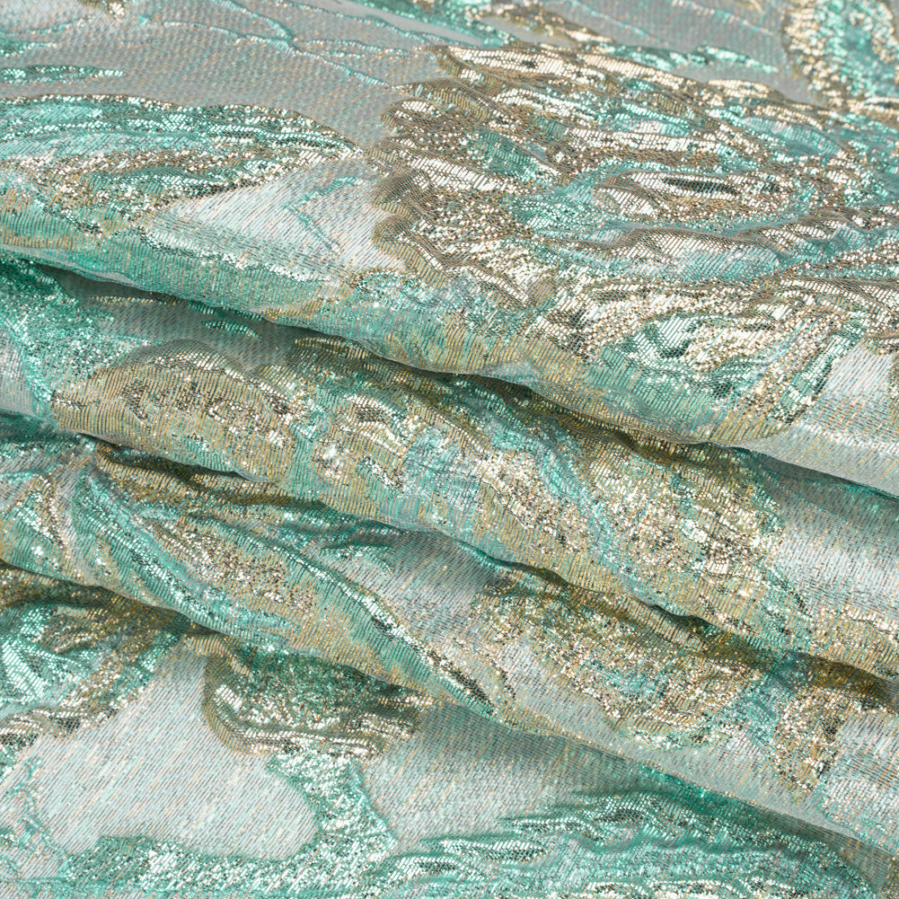 Metallic Light Blue, Gold and Aqua Radiant Roses Luxury Brocade