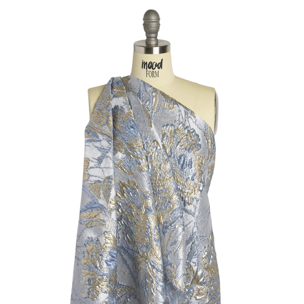 Metallic Gold, Blue and Gray Radiant Roses Luxury Brocade
