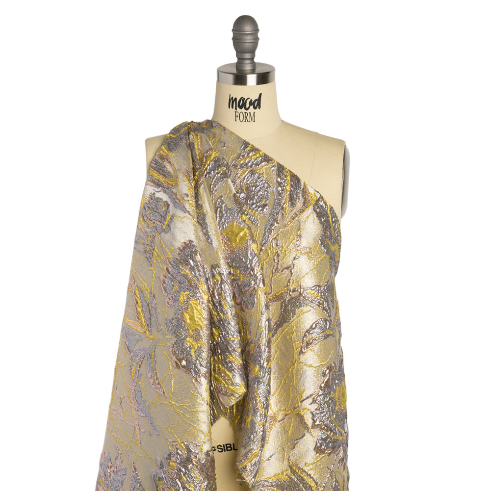 Metallic Pale Blue, Yellow and Rose Gold Radiant Roses Luxury Brocade