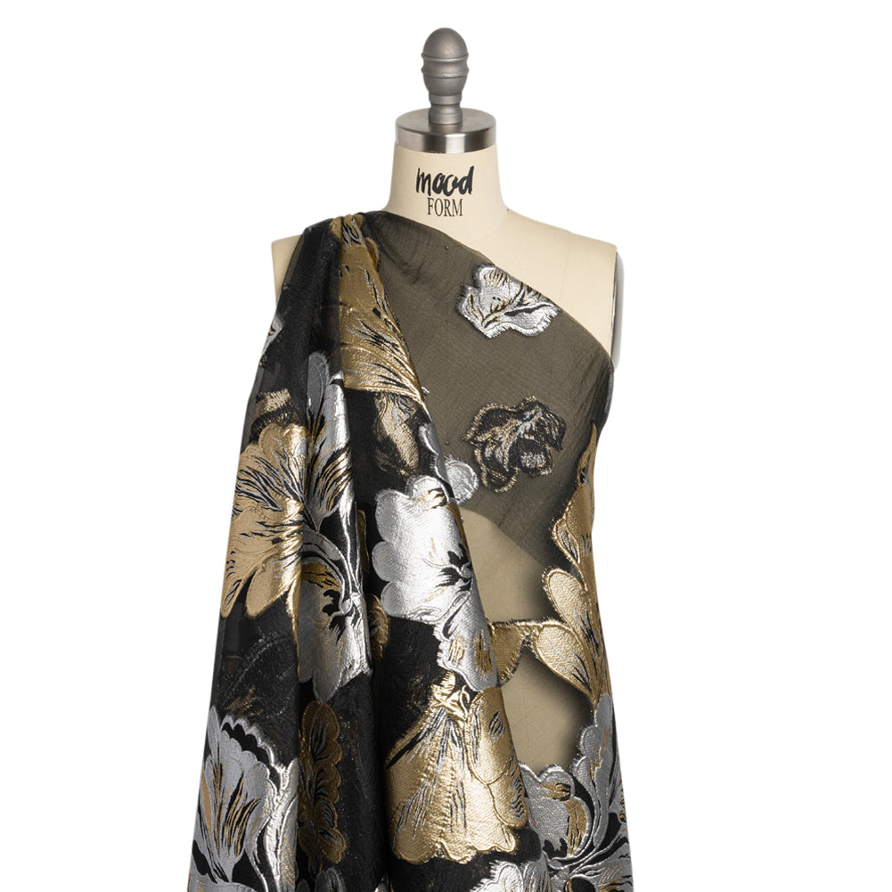 Metallic Gold, Silver and Black Floral Luxury Burnout Brocade Panel