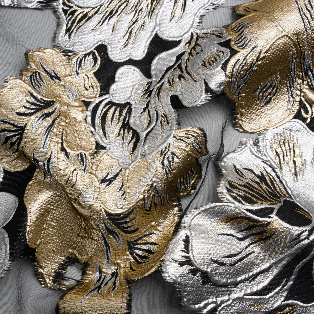 Metallic Gold, Silver and Black Floral Luxury Burnout Brocade Panel